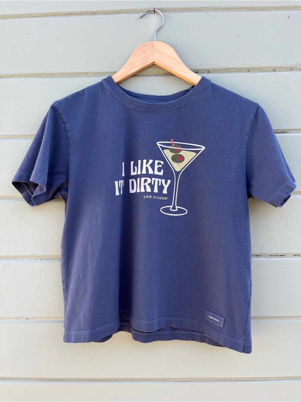 Life Is Good XS "I Like It Dirty" Crusher cropped martini funny T shirt Women's